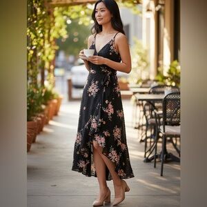 Dress the Population Black Midi Pink Floral Embroidered Sleeveless Wrap Dress S